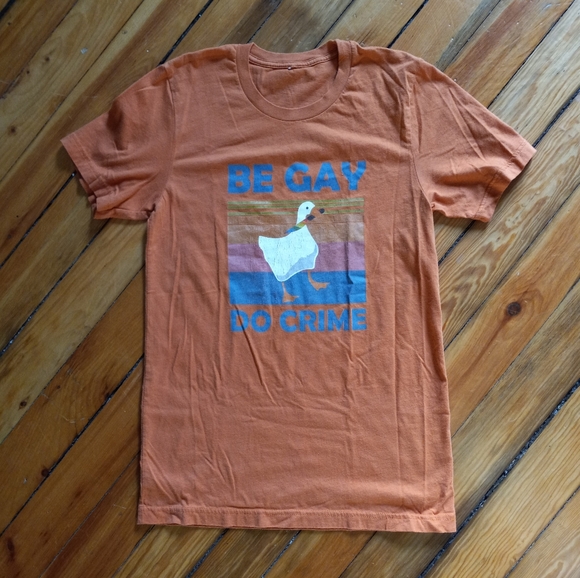 Be Gay Do Crime orange t shirt size XS in excellent condition - Picture 2 of 4